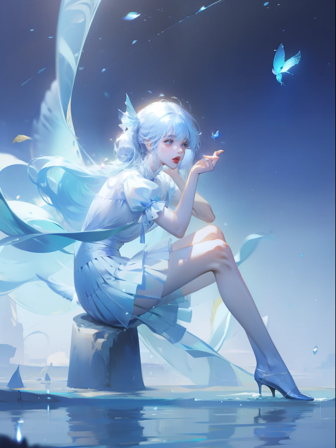 1 girl，clear water，blue butterfly，Pure white gauze skirt，sparkling，sit in the air
