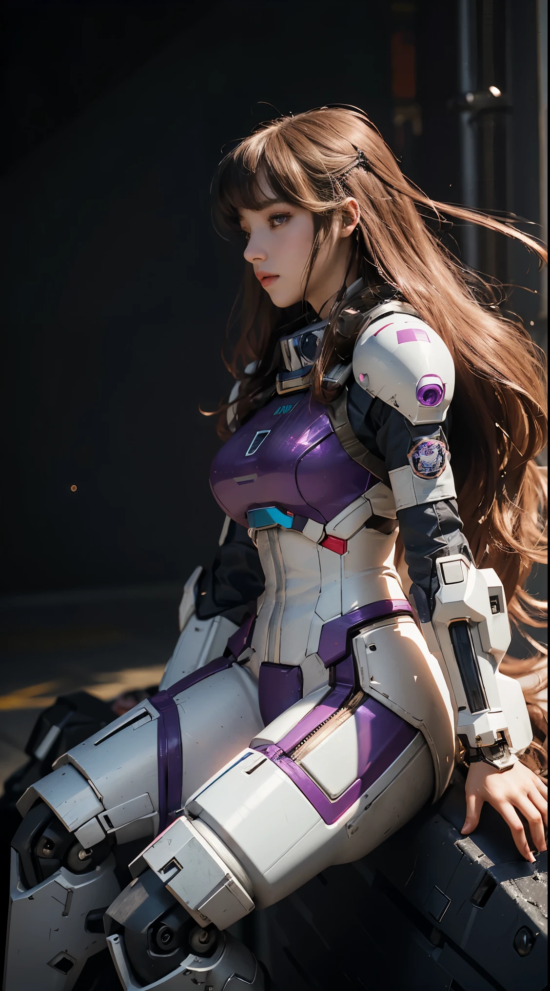 RAW, Masterpiece, Ultra Fine Photo,, Best Quality, Ultra High Resolution, Photorealistic, Sunlight, Full Body Portrait, Stunningly Beautiful,, Dynamic Poses, Delicate Face, Vibrant Eyes, (Side View) a close up of a woman in a pink and white gundam custume, dybamic pose, long brown very very long hair rapunzel, girl in mecha cyber armor, portrait armored astronaut girl, d. va from overwatch, female mecha, on a gundam, gundam head, chiho aoshima color scheme, mobile suit, streamlined purple armor, fully robotic!! girl, realistic cosplay, gundam armor (dynamic pose) (best cameraview), full body