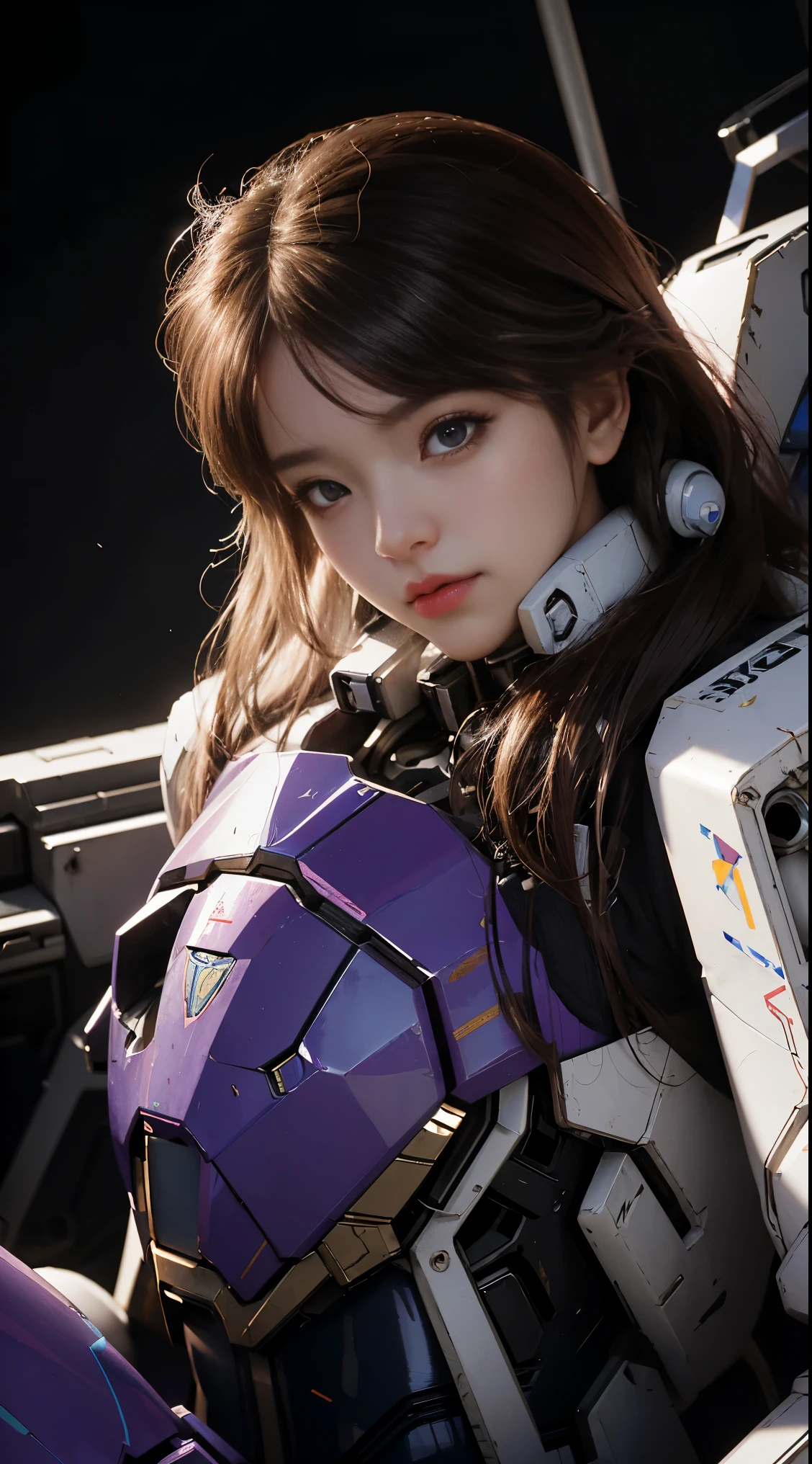 RAW, Masterpiece, Ultra Fine Photo,, Best Quality, Ultra High Resolution, Photorealistic, Sunlight, Full Body Portrait, Stunningly Beautiful,, Dynamic Poses, Delicate Face, Vibrant Eyes, (Side View) a close up of a woman in a pink and white gundam custume, dybamic pose, long brown very very long hair rapunzel, girl in mecha cyber armor, portrait armored astronaut girl, d. va from overwatch, female mecha, on a gundam, gundam head, chiho aoshima color scheme, mobile suit, streamlined purple armor, fully robotic!! girl, realistic cosplay, gundam armor (dynamic pose) (best cameraview), full body
