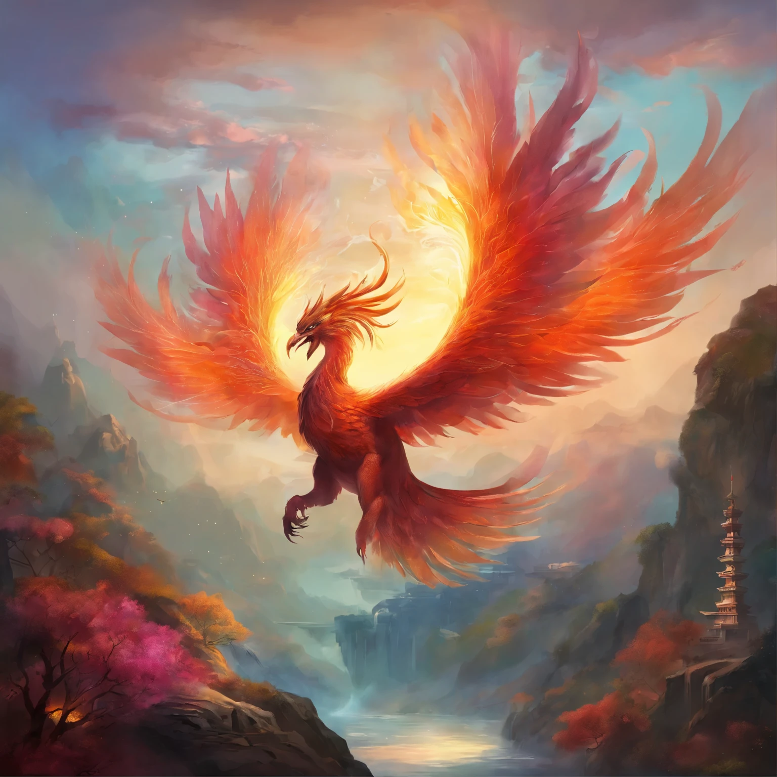 mythical creatures，（（Fiery phoenix in Chinese mythology）），traditional chinese elements，Description of ancient wall paintings，Legend of Fuyo，Spotted Light，hazy haze，mysterious aura，masterpiece，khd，Rich in color，Detailed detailoney, 