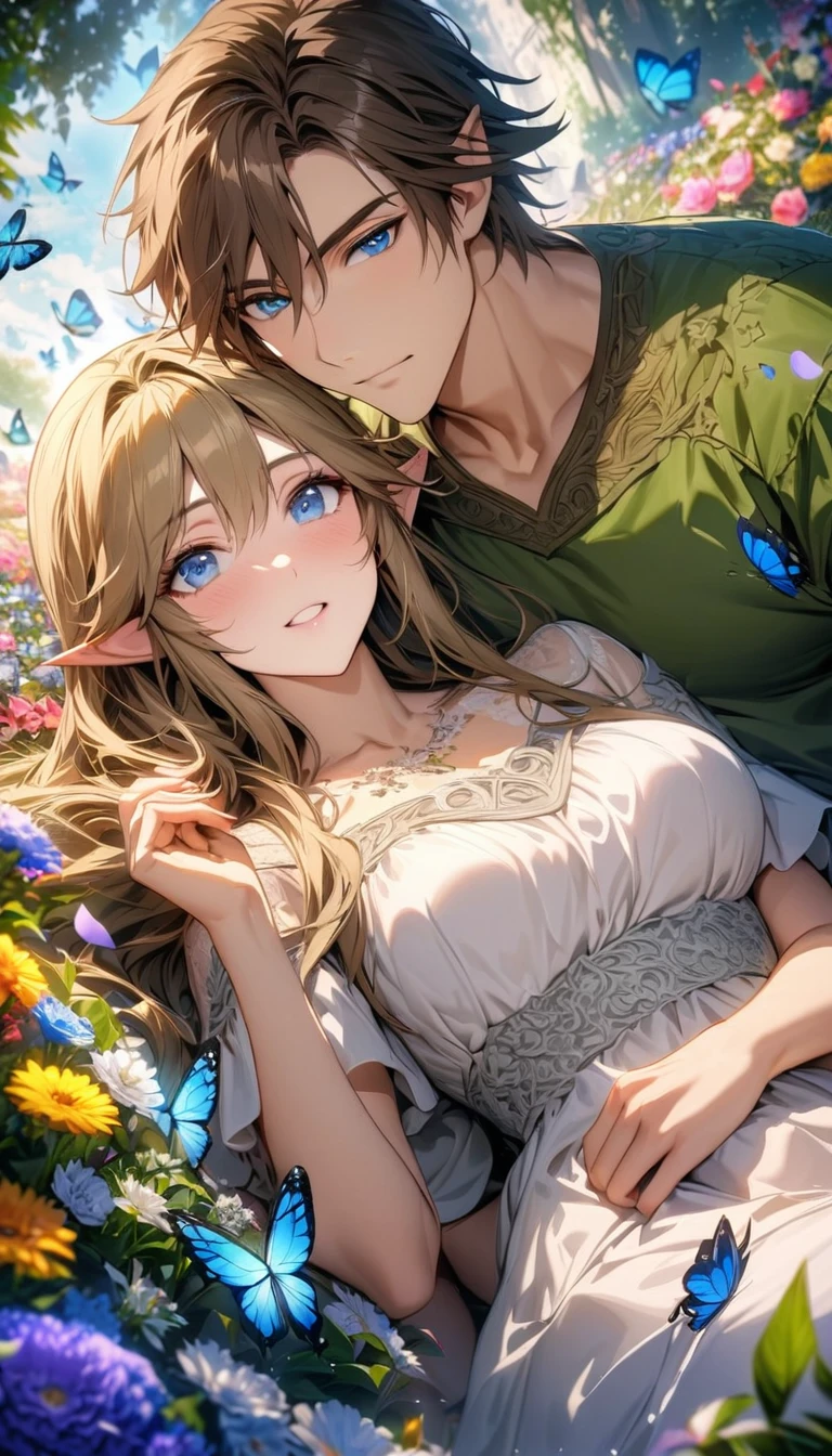 absurdres, highres, ultra detailed, HDR), masterpiece, vibrant blue eyes, Link, dark brown short hair, hair between the eyes, green tunic, The legend of zelda twilight princess, Princess Zelda, dark brown long hair, purple and white dress, a handsome man together with a beautiful woman, couple, elf, flower garden, butterflies, petals