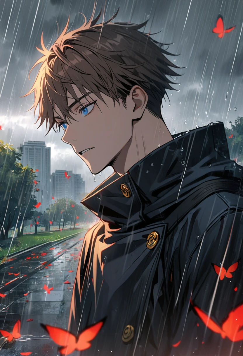 4k, very detailed, hd, Caelus, brown hair, blue eyes, 1 man only, handsome, black uniform, Jujutsu Kaisen, raining, park, red butterflies, grey sky,