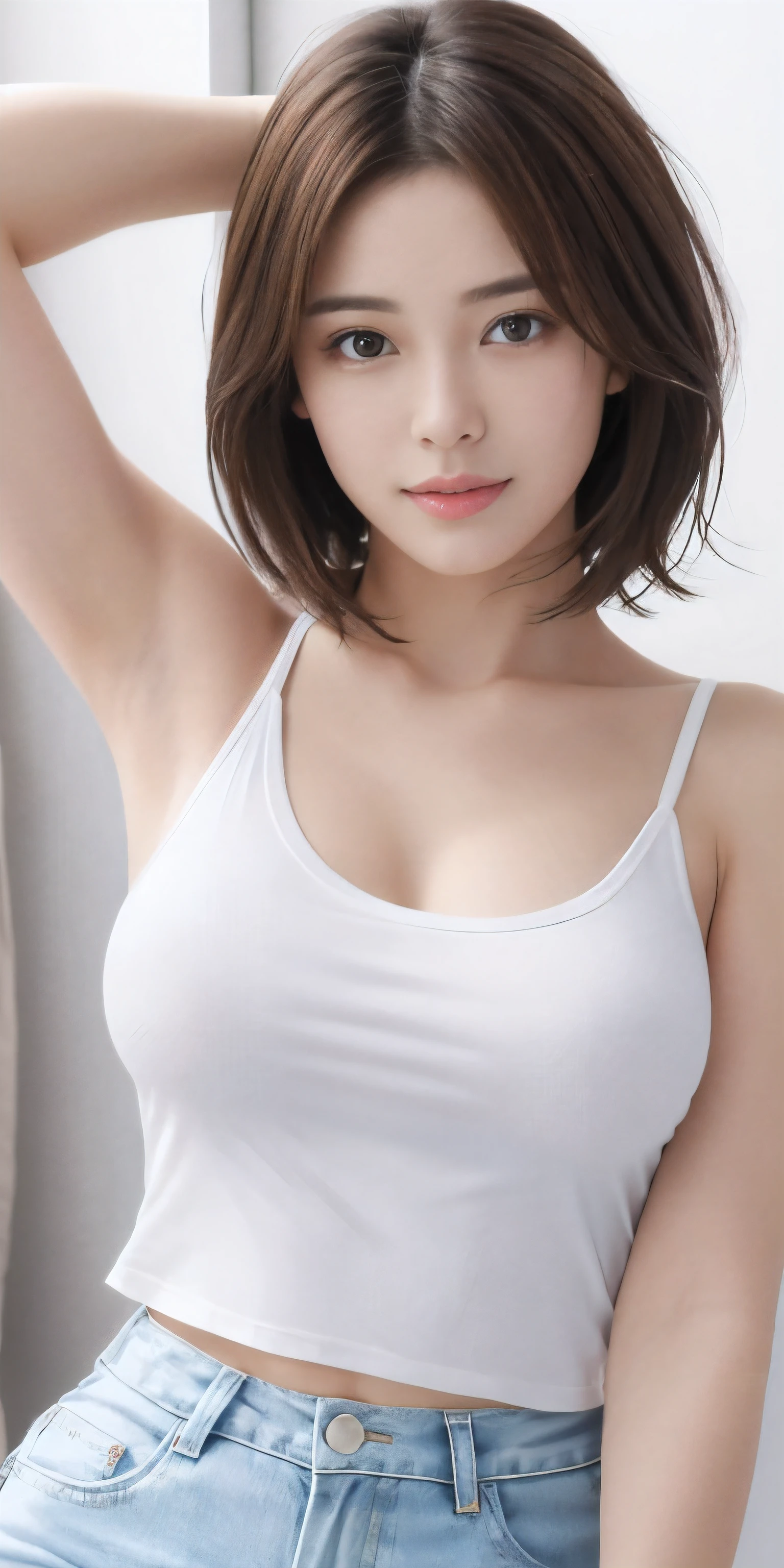 Photoreal、Masseter muscle part、highest quality、High resolution、Raw photo、realistic、bright lighting、face light、smooth professional lighting、japanese woman、Beautiful woman、modeled、gravure、sexy、super beautiful、realistic and beautiful skin、beautiful and detailed eyes、detailed face、slim、big breasts、short hair、brunette colored hair、brown eyes、looking at camera、white tank top、shorts、Pose for a photo