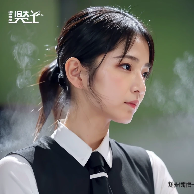 、Japanese、cute、black hair ponytail、short sleeve uniform、Side flicker show、steamy with sweat