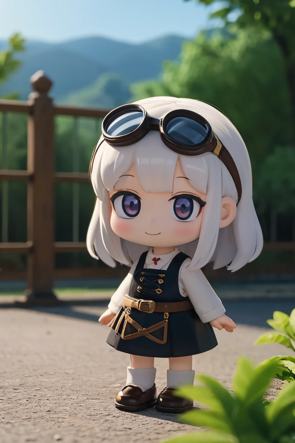 ()Please express the contents inside with a chibi girl doll.(Photoreal、RPG screen、goggles、garden、smile)