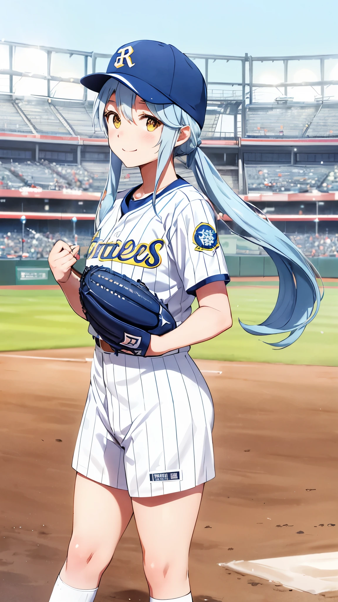 baseball uniform, light blue long hair、Beautiful twin-tailed pitcher girl、Throw to the batter on the pitcher&#39;s mound、bright smile、fine yellow and white uniform, Watching the batter、Depth of the bounds written,  detailed realistic background, packed audience、Diffused natural skin glow,baseball stadium、packed audience