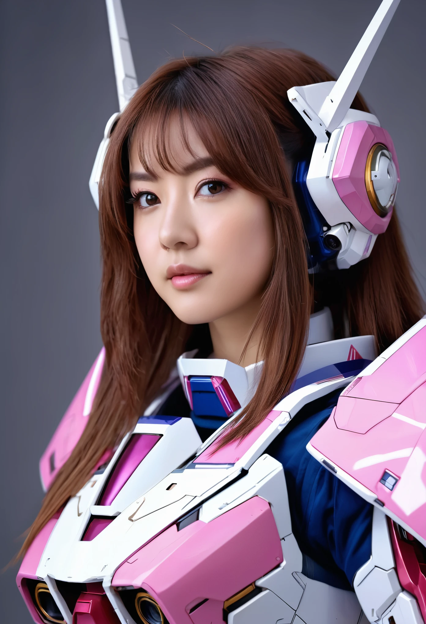 RAW, Masterpiece, Ultra Fine Photo,, Best Quality, Ultra High Resolution, Photorealistic, Sunlight, Full Body Portrait, Stunningly Beautiful,, Dynamic Poses, Delicate Face, Vibrant Eyes, (Side View) a close up of a woman in a pink and white gundam custume, dybamic pose, long brown very very long hair rapunzel, girl in mecha cyber armor, portrait armored astronaut girl, d. va from overwatch, female mecha, on a gundam, gundam head, chiho aoshima color scheme, mobile suit, streamlined purple armor, fully robotic!! girl, realistic cosplay, gundam armor (dynamic pose) (best cameraview), full body