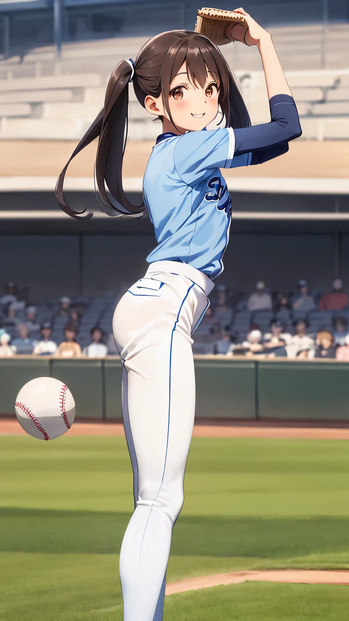 baseball uniform, light blue long hair、Beautiful twin-tailed pitcher girl、Throw to the batter on the pitcher&#39;s mound、bright smile、Fine brown and white uniform, Watching the batter、Depth of the bounds written,  detailed realistic background, packed audience、Diffused natural skin glow,baseball stadium、packed audience