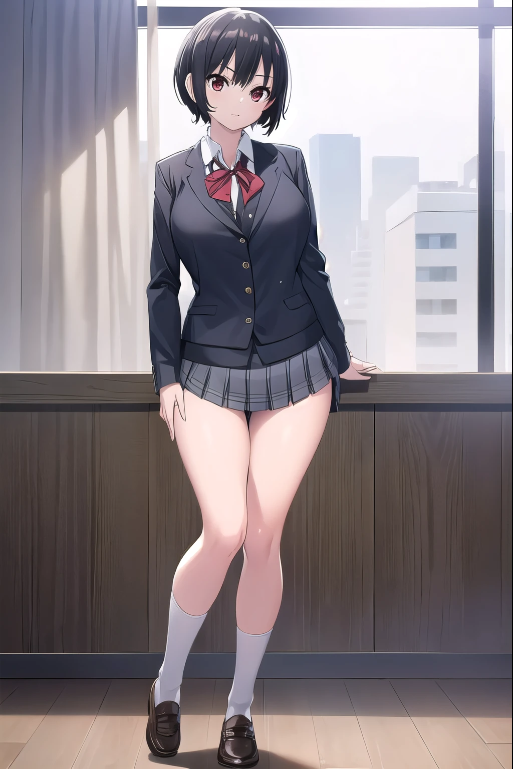 aimizuno, ai mizuno, black hair, hair between eyes, (red eyes:1.5), short hair,
BREAK  black legwear,  black skirt,  brown footwear, collared shirt, loafers, long sleeves, miniskirt, plaid, plaid neckwear, plaid skirt, pleated skirt, , shirt, shoes, skirt, sweater, (white shirt:1.6), wing collar,  JS_ShortSkirt, (micro mini skirt:1.8),(white panty), (short skirt:1.6)
BREAK looking at viewer, full body, standing, (thong:1.4), (full body:1.4), 
BREAK indoors, classroom,
BREAK (masterpiece:1.2), best quality, high resolution, unity 8k wallpaper, (illustration:0.8), (beautiful detailed eyes:1.6), extremely detailed face, perfect lighting, extremely detailed CG, (perfect hands, perfect anatomy), (huge breasts:1.4), (slim:0.8)