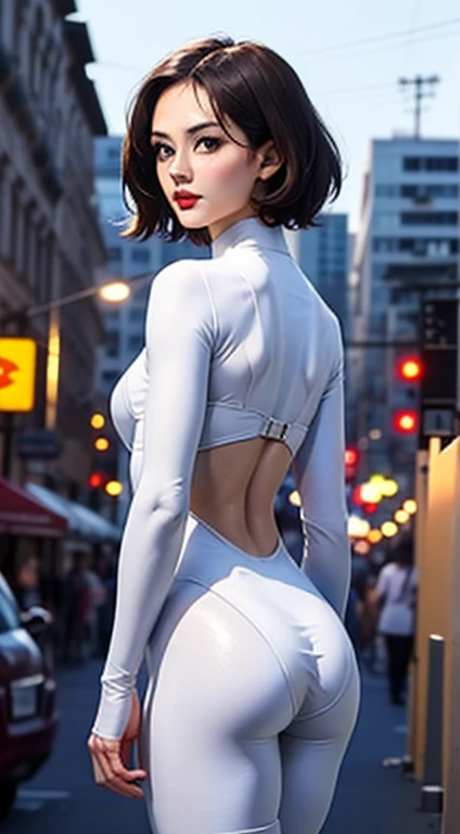 City of night, 1 girl,whole body,highest quality、realistic、(shiny skin),red lips,((short hair、all back、exposed forehead、black hair), looking at the viewer,small breastss,,thin、small breasts.White Hero Suit、white boots、