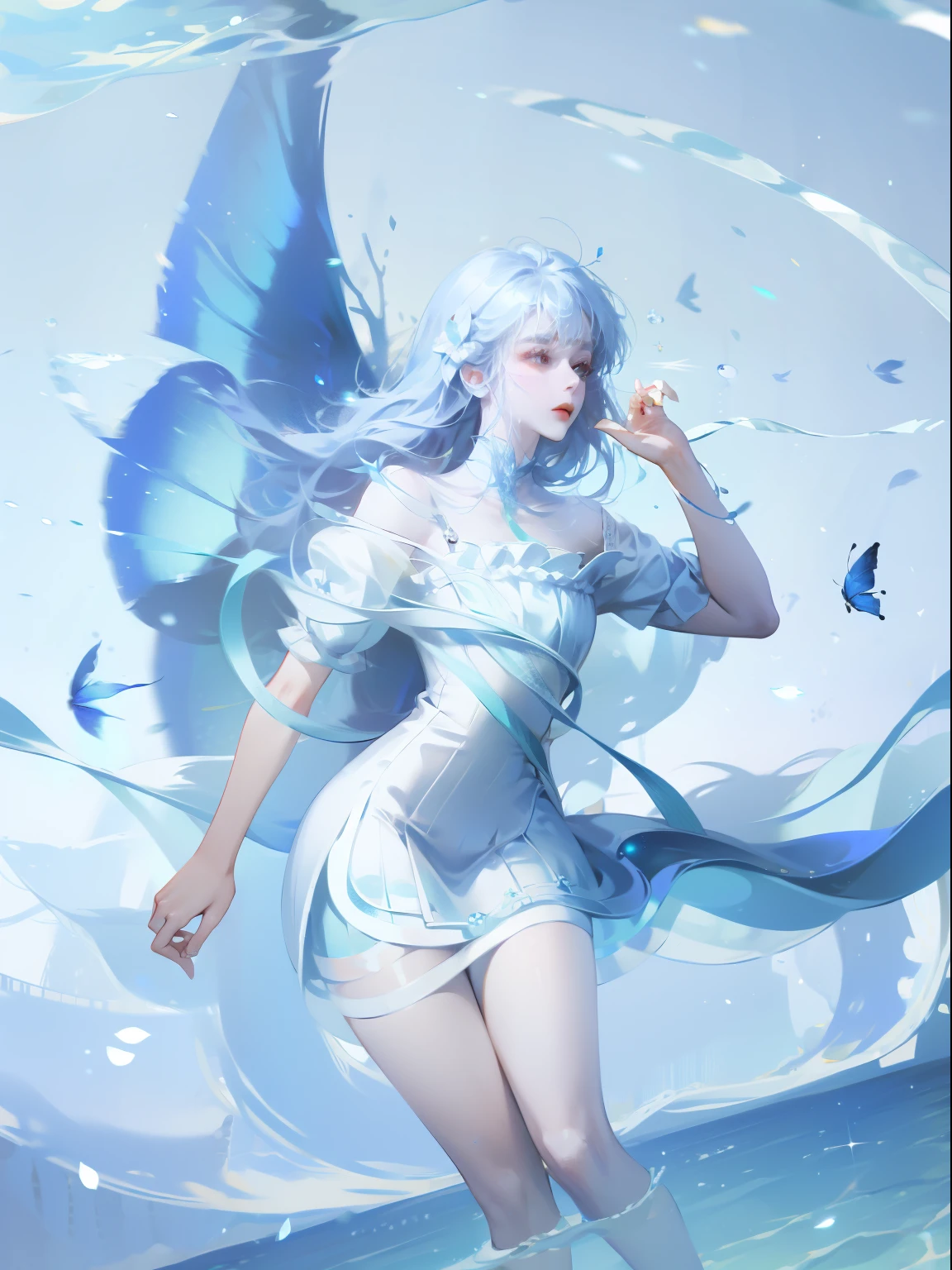 1 girl，clear water，blue butterfly，Pure white gauze skirt，sparkling