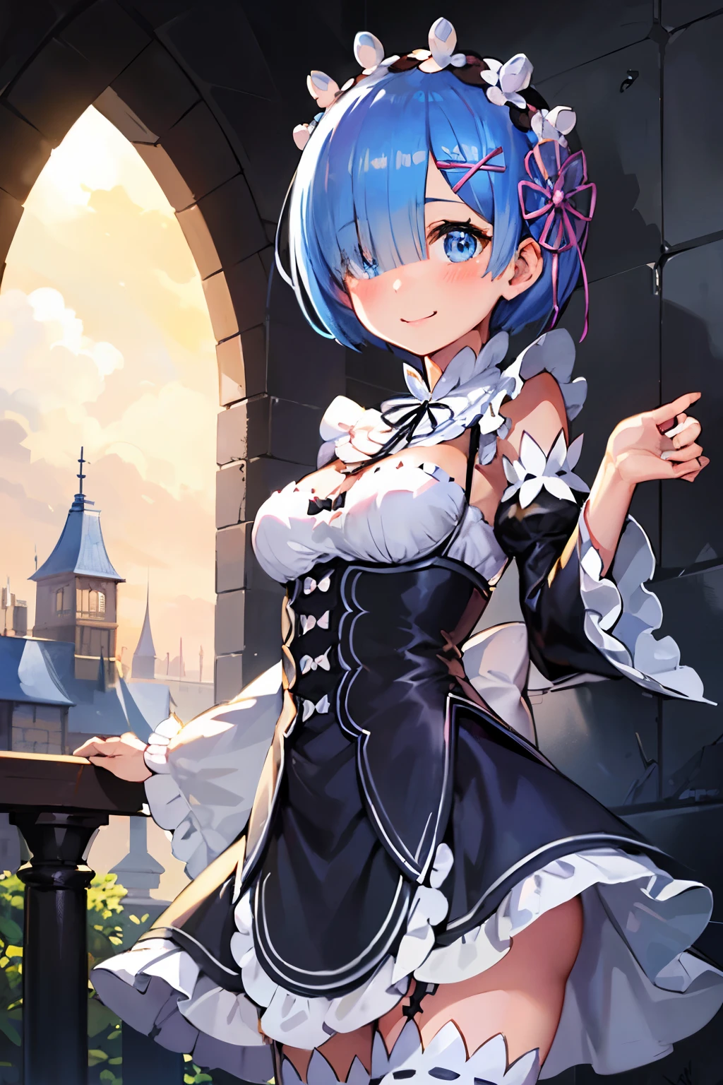 blue hair, rem \(re:zero\), [smile], blush, castle,, masterpiece, best quality, perfect lighting, 1girl, upskirt, medium breasts,