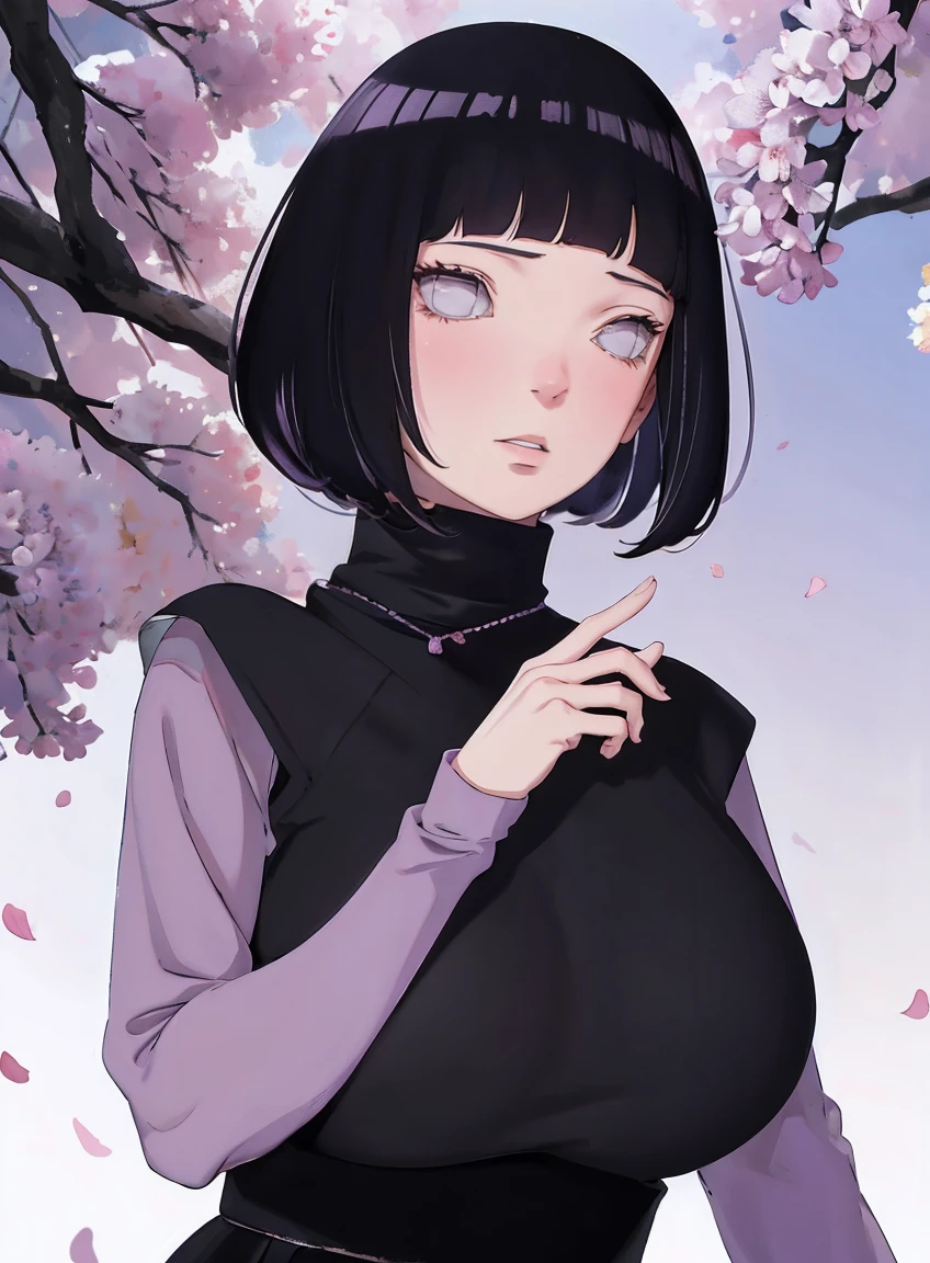 { - anatomy error} (Masterpiece - Ultra-detailed, very high resolution) (huge titusty, masterpiece, absurdres, hinata\(boruto\), 1girl, solo,mature female, lilac turtleneck blouse, black pant, looking at viewelling petals), perfect composition, detailed lips, big breast, beautiful face, body propotion, blush, (pink lips), short hair, (black hair), purple eyes, soft gaze, super realistic, detailed, photoshoot, realistic face and body, closed mouth , lilac eyes, upper body, hidden hands, perfect fingers, inocent face, portrait, , backwards, looking back, dynamic poses