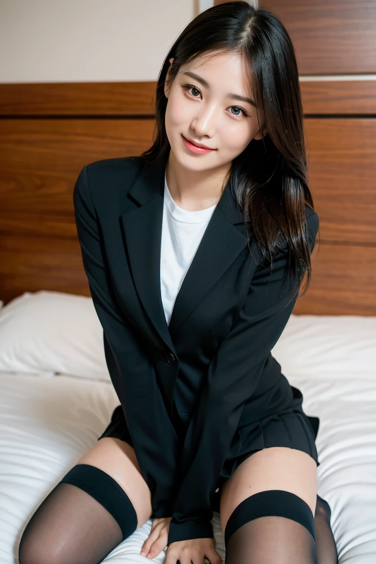 (8K), (highest quality: 1.2), (realistic), (realistic: 1.37), ultra high resolution, 1 girl, cute, smile, closed mouth, thick lips,beautiful details, beautiful nose, straight black hair, giant dulcefo, pork, thighs,self snap,University Student Uniform,simple blazer,pleated skirt,opaque tights,bed,spread your legs ,skirt lift, From above,close up on face
