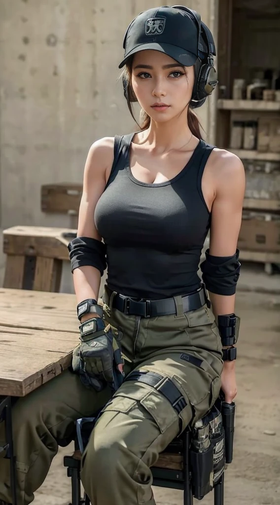 tecticool, military gear, large baggy pants, tight black sleepless shirt, army, combat, rainbow six seige, tom clancyes rainbow six seige, rainbow six operator, long black tanktop, baseball hat, headset, military headphones with microphone, 1girl, solo, sexy woman , cleavage, arms on head showing armpits, american woman, large end piece on microphone, tactical headset, no sleeves, looking at viewer, natural makeup,. waist high pants, tactical belt, (masterpiece), (best quality), (4k), beautiful image , long way brunnet hair coming out of baseball hat, firm breasts, (medium breasts), beautiful female face, standard military comunications set, military combat gloves, sitting in messhall, (sitting acros from table), downblouse, arms resting on table, military dining room, cafeteria, cleavege, smirking friendly, eyes slightly closed, old friend, arms folded, arms crossed