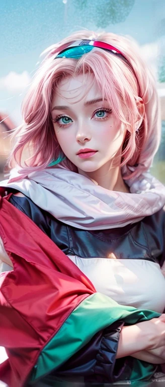 young woman, short shoulder-length pink hair, wide forehead, porcelain skin, pink eyebrows, big emerald green eyes, buttoned nose, full lips, heart-shaped face, slender body, small breasts, red tank top, Sakura Haruno , realistic, realism, details, 3d, well detailed
