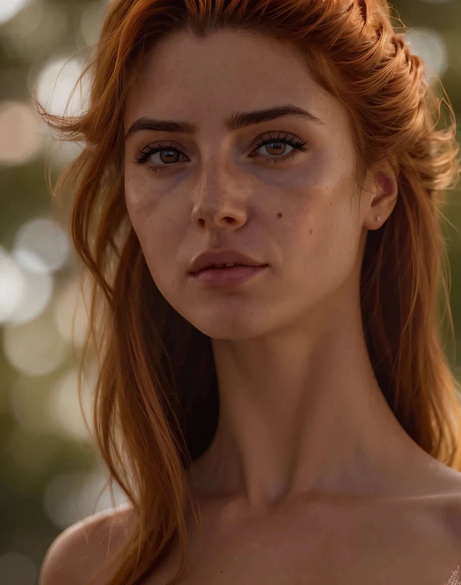 (obra maestra), (extremadamente intrincado:1.3),, (realista), portrait of a girl, la plus belle du monde pelo rojo, afuera, luz solar intensa, Detailed professional photography of a stunning woman., sharp focus, dramatic, Premiado, cinematic lighting, Octane representation, Motor irreal, volumetric dtx, (film grain, bokeh, primer plano borroso, fondo borroso), cresta en el pecho