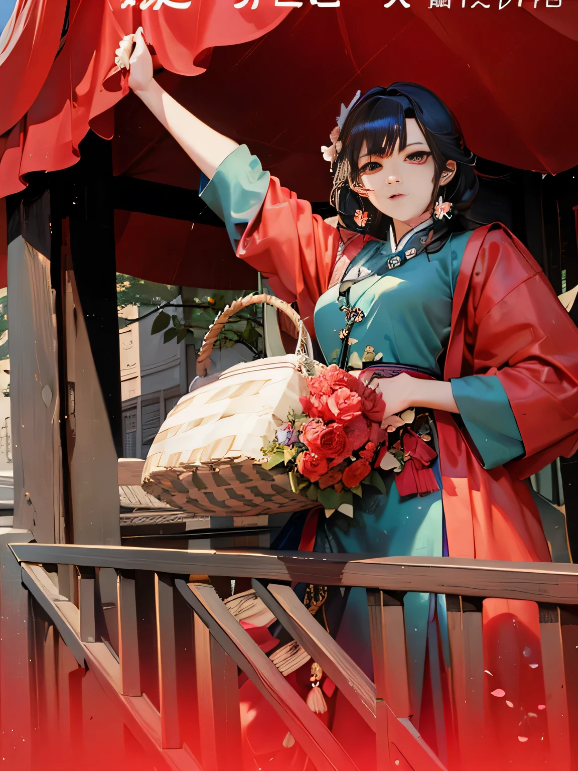 There is a woman holding a basket of flowers, palace ， A girl wearing Hanfu, guweiz style artwork, guweiz, beautiful figure painting, Artgerm and Atey Ghailan, Popular topics on cgstation, bring flowers, 8K)), guys, Produced by Anime Painter Studio, Realistic anime 3D style, Chinese girl