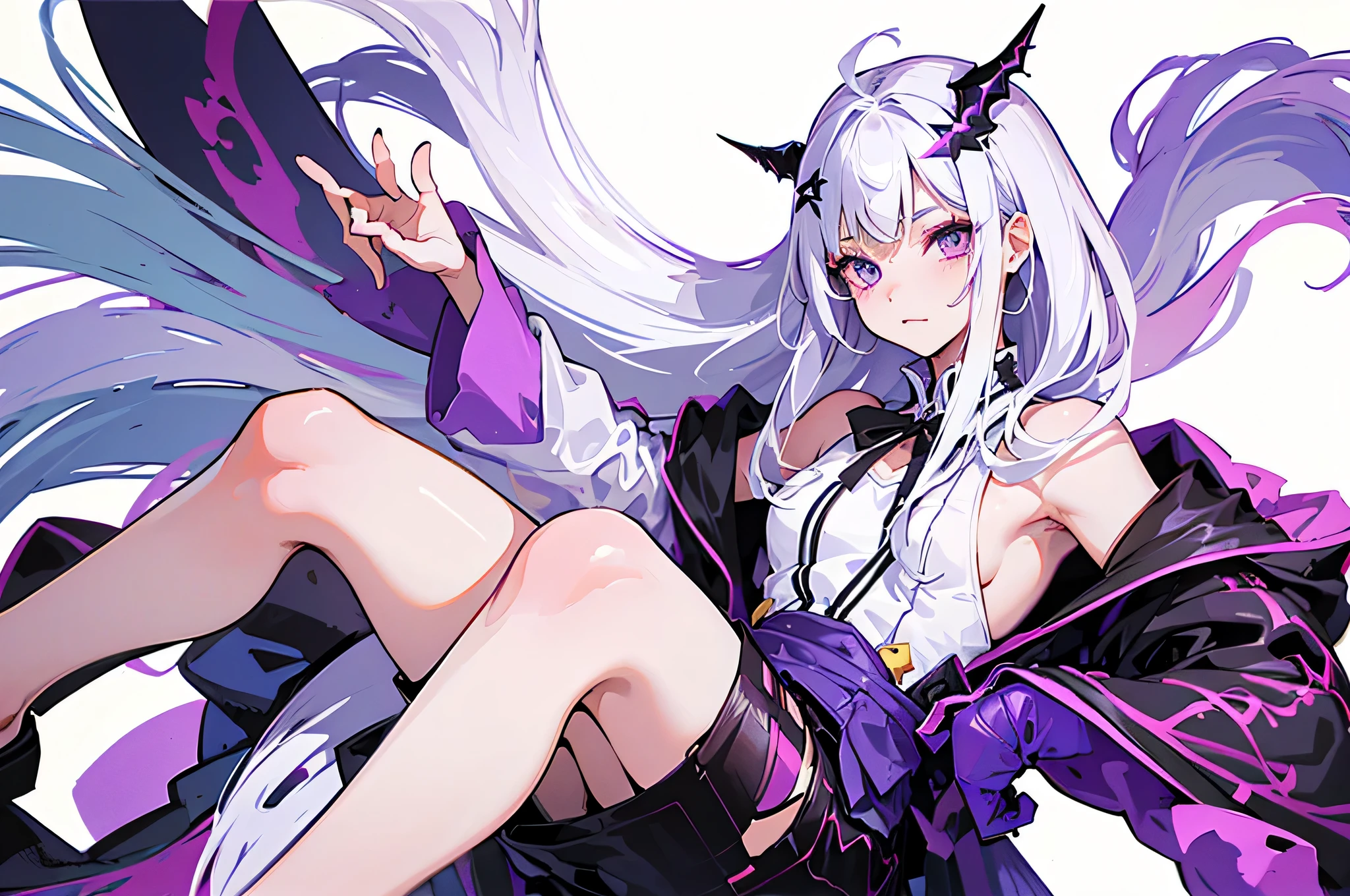 cute anime girl with white hair and purple eyes with naughty face have horn with long hair imagine date with her