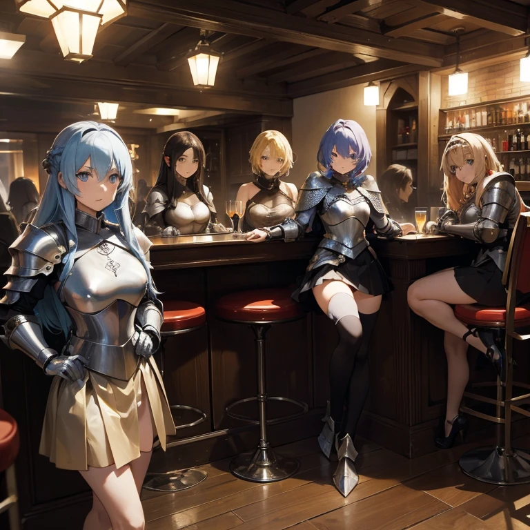 A group of  female knights, (in bar), various hair styles, metal armor, harem, short skirt 