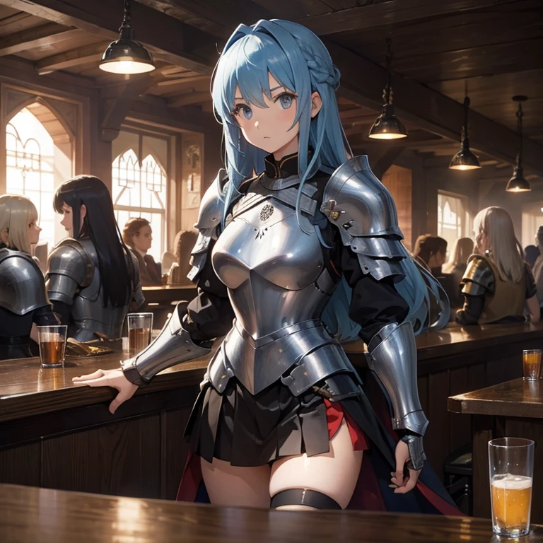 A group of female knights, (in bar), various hair styles, metal armor, harem, short skirt