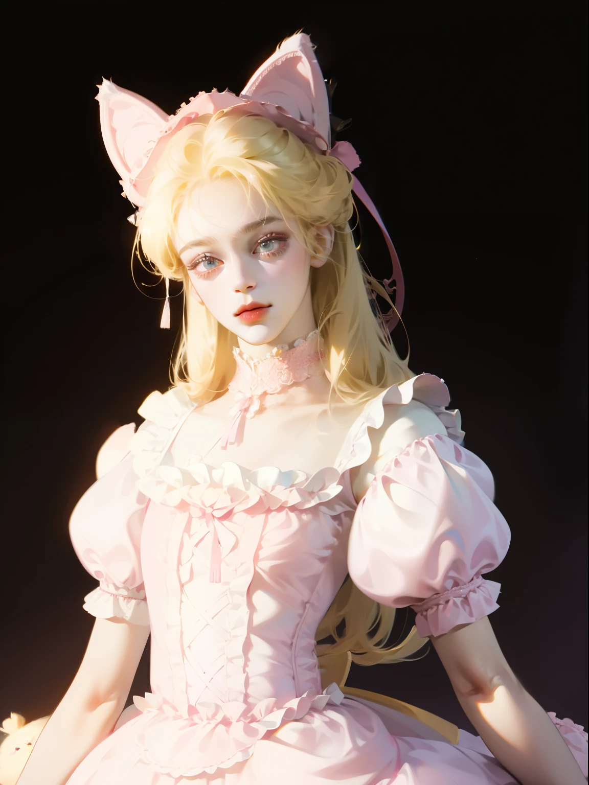 exquisite details, 8k photos, Surrealism, Professional lighting, realistic background, visual depth, background bokeh, Wide-angle lens, whole body, (, Lovely, Change, flat chest, cat ears), 1 girl, colored eyes, blonde hair, (Lolita Fashion: 1.5), (lace, frilly shirt, White petticoat, sports shoes), (stuffed toys), pink Lovely backpack, street, Fashion