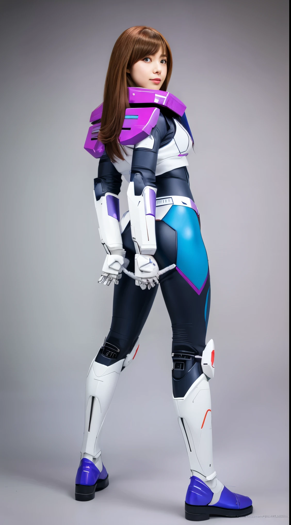 RAW, Masterpiece, Ultra Fine Photo,, Best Quality, Ultra High Resolution, Photorealistic, Sunlight, Full Body Portrait, Stunningly Beautiful,, Dynamic Poses, Delicate Face, Vibrant Eyes, (Side View) a close up of a woman in a pink and white gundam custume, dybamic pose, long brown very very long hair rapunzel, girl in mecha cyber armor, portrait armored astronaut girl, d. va from overwatch, female mecha, on a gundam, gundam head, chiho aoshima color scheme, mobile suit, streamlined purple armor, fully robotic!! girl, realistic cosplay, gundam armor (dynamic pose) (best cameraview), full body