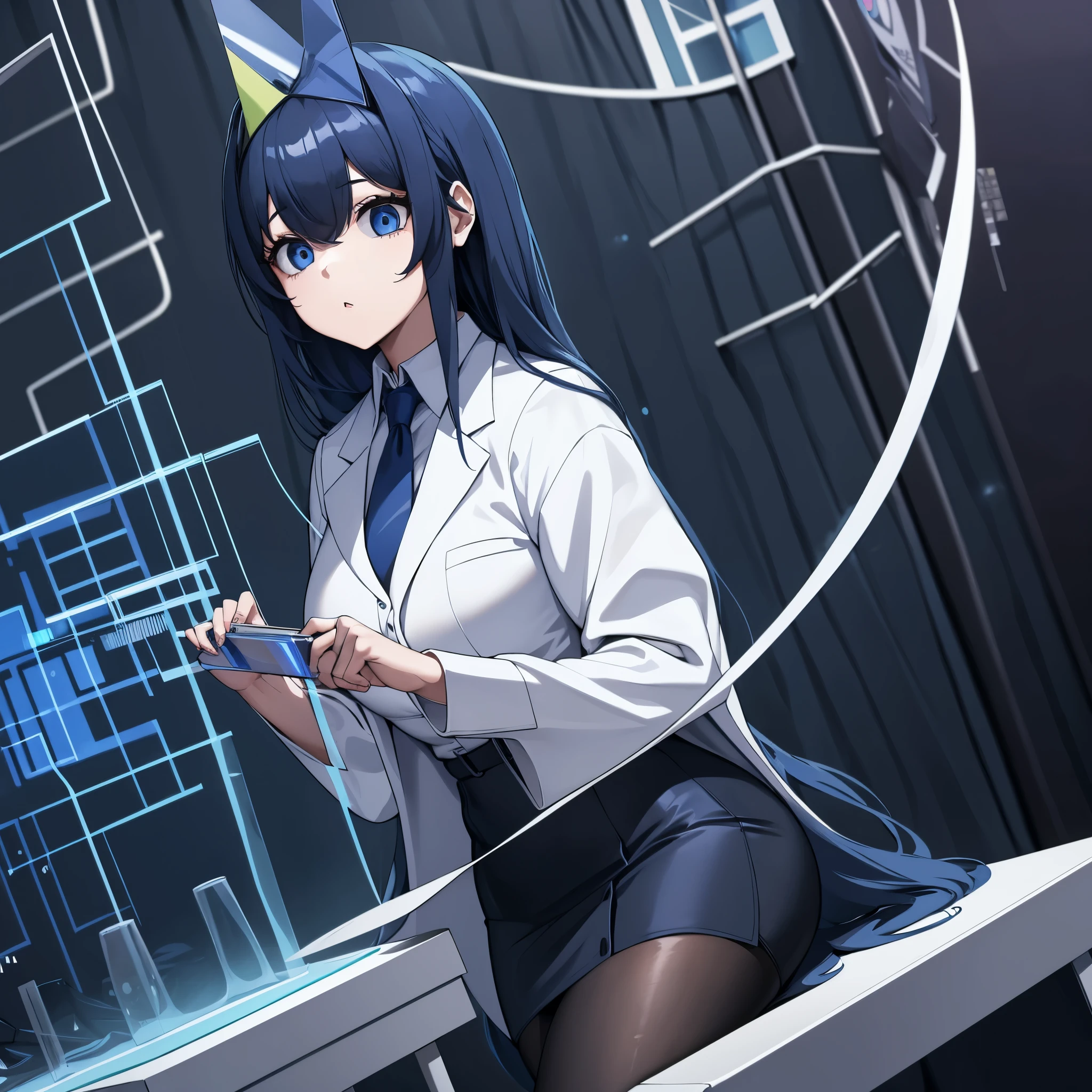 a woman wearing a long white coat, open coat, faint blue shirt, short black skirt, long black socks, long sky blue hair, blue eyes, in a laboratory, with tables, holograms, various research devices, computers, white wall, well detailed, ultra resolution, well defined, masterpiece, 4K HD
