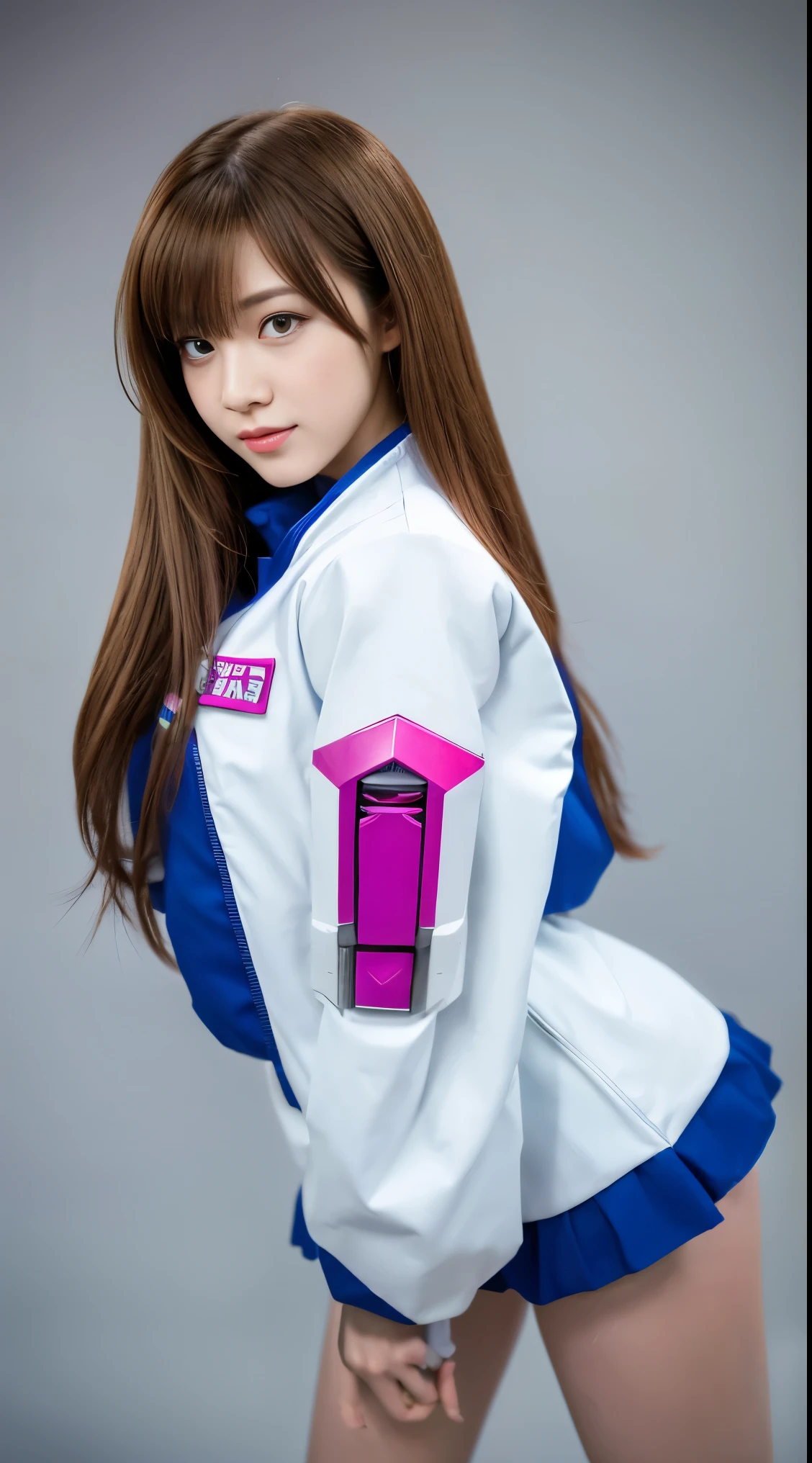 RAW, Masterpiece, Ultra Fine Photo,, Best Quality, Ultra High Resolution, Photorealistic, Sunlight, Full Body Portrait, Stunningly Beautiful,, Dynamic Poses, Delicate Face, Vibrant Eyes, (Side View) a close up of a woman in a pink and white gundam custume, dybamic pose, long brown very very long hair rapunzel, girl in mecha cyber armor, portrait armored astronaut girl, d. va from overwatch, female mecha, on a gundam, gundam head, chiho aoshima color scheme, mobile suit, streamlined purple armor, fully robotic!! girl, realistic cosplay, gundam armor (dynamic pose) (best cameraview), full body