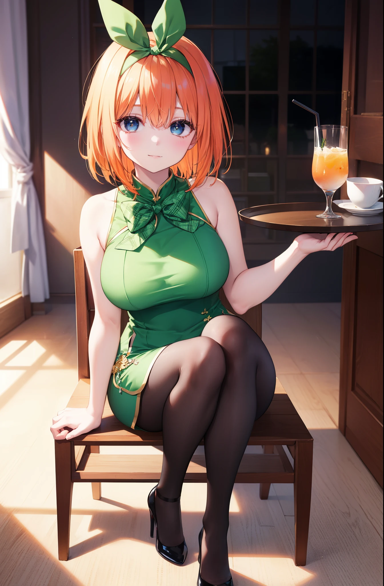 yotsubanakano, yotsuba nakano, bangs, short hair, blue eyes, hair between eyes, hair ribbon, hair band, orange hair,big breasts, green ribbon, bow, ribbon, green ribbon, green sleeveless cheongsam,green slit skirt,black pantyhose,stiletto heels,food, drink, table and chairs, cleaning, tray, tray in one hand,注文を取りにテーブルにやってくるhappy smile, smile, 口を開ける
break looking at viewer,
break indoors, chinese style indoor,
break (masterpiece:1.2), highest quality, High resolution, unity 8k wallpaper, (shape:0.8), (fine and beautiful eyes:1.6), highly detailed face, perfect lighting, Very detailed CG, (perfect hands, perfect anatomy),