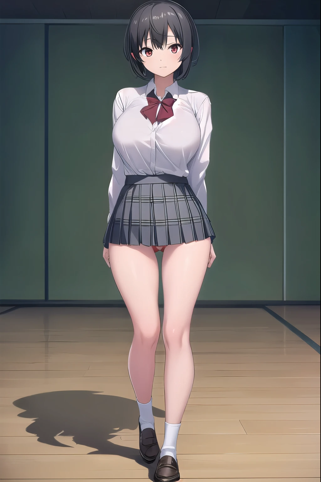 aimizuno, ai mizuno, black hair, hair between eyes, (red eyes:1.5), short hair,
BREAK black legwear, black skirt, brown footwear, collared shirt, loafers, long sleeves, miniskirt, plaid, plaid neckwear, plaid skirt, pleated skirt, , shirt, shoes, skirt, sweater, (white shirt:1.6), wing collar, JS_ShortSkirt, (micro mini skirt:1.8),(white panty), (short skirt:1.6)
BREAK looking at viewer, full body, standing, (thong:1.4), (full body:1.4),
BREAK indoors, classroom,
BREAK (masterpiece:1.2), best quality, high resolution, unity 8k wallpaper, (illustration:0.8), (beautiful detailed eyes:1.6), extremely detailed face, perfect lighting, extremely detailed CG, (perfect hands, perfect anatomy), (huge breasts:1.4), (slim:0.8)