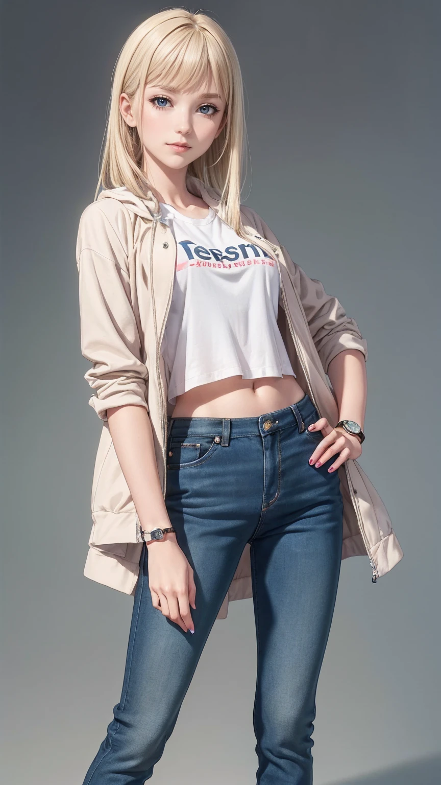 ((最high quality, 8K, masterpiece: 1.3, Ultra HD, high quality, 最high quality, High resolution, realism)) 、25 year old white woman、platinum blonde、blue eyes、long hair、hair above one eye、smile、slender、A soft and plump feminine body、I don't want my head to disappear from the screen.、Accessorize your wrist、Wearing red nail polish、I have a peticure、(high color saturation:1.0), (highly detailed skin), (最high quality:1.0), (超High resolution:1.0) ,(realistic:1.0), (Super detailed:1.0), (8K, Raw photo:1.1), Wear a T-shirt、Midriff Jacket((midriff jacket))((outta))wear、Midriff Jacket((midriff jacket))((outta))roll up the sleeves of、wear skinny jeans、wear sneakers、put both hands on hips、wear a watch、spread your legs shoulder-width apart、smile、Pastel blue background、wear a baseball cap backwards