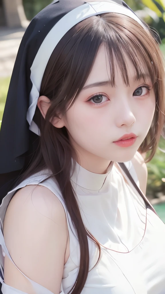 (UHD, retina, masterpiece, accurate, anatomically correct, textured skin, super detail, high details, high quality, best quality, high res, 1080P, HD, 4K, 8k, 16k), (beautiful detailed eyes, beautiful detailed lips, extremely detailed eyes and face), soft lighting, physically-based rendering, vivid colors, (((large breasts:1.6))), ((nun:1.2)), (portrait, blonde hair, shiny hair, shiny skin, blush), (monastery, bokeh), eye reflection, (water:1.5),