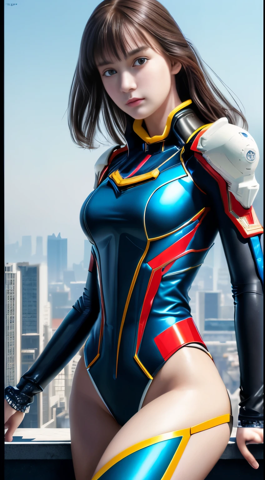 (1 girl:1.5), alone, (((highly detailed face)))), ((very detailed eyes and face)))), Voltes V Megumi、beautiful detail eyes, body parts__, official art, Integrated 8K wallpaper, Super detailed, beautiful and beautiful, beautiful, table top, 最high quality, original, table top, ultra-detailed photos, 最high quality, 超A high resolution, realistic realism, sunlight, full body portrait, amazing beauty, dynamic pose, delicate face, Bright eyes when viewed from the front), she's wearing a voltesteam suit, Red and yellow color scheme, hide, Highly detailed city roof background, on the roof, overlooking the city, detailed face, Detailed complex and busy background, Messy, nice, milky, highly detailed skin, realistic skin details, visible pores, clear focus, volume fog, 8k uh, Digital single-lens reflex camera, high quality, film grain, Fair skin, photorealism, nffsw, Futuristic dystopian megalopolis, translucent