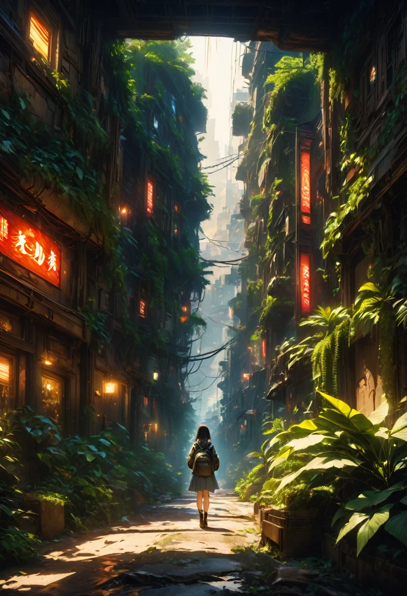 8K、Raw photo、highest quality、look up:1.2、masterpiece:1.2、genuineistic、ultra high resolution、high contrast、photon mapping、genuine、Super detailed、official art, Raw photo、professional lighting、 light、Vivid atmosphere、twicelight) This anime scene、While having the atmosphere of a work directed by Makoto Shinkai,、Expresses a post-apocalyptic worldview。A girl with a backpack looking at the city skyline from the forest、It is reminiscent of emotional scenes like Makoto Shinkai's works.。 High-rise buildings in the city are covered with trees from the walls and windows々pops out、The building is covered like a lush jungle.、It depicts a futuristic landscape where nature and the city are fused.。A city bathed in bright sunlight、It suggests a bright and hopeful future.。 A girl trying to enter a building in the city、It symbolizes young people trying to break out into society.。and、The pure white cat that is nestled next to me、As a familiar presence、Watching the girl's journey。 This scene is、Following the style of director Makoto Shinkai、I am drawing a post-apocalyptic animation with a unique world view.。