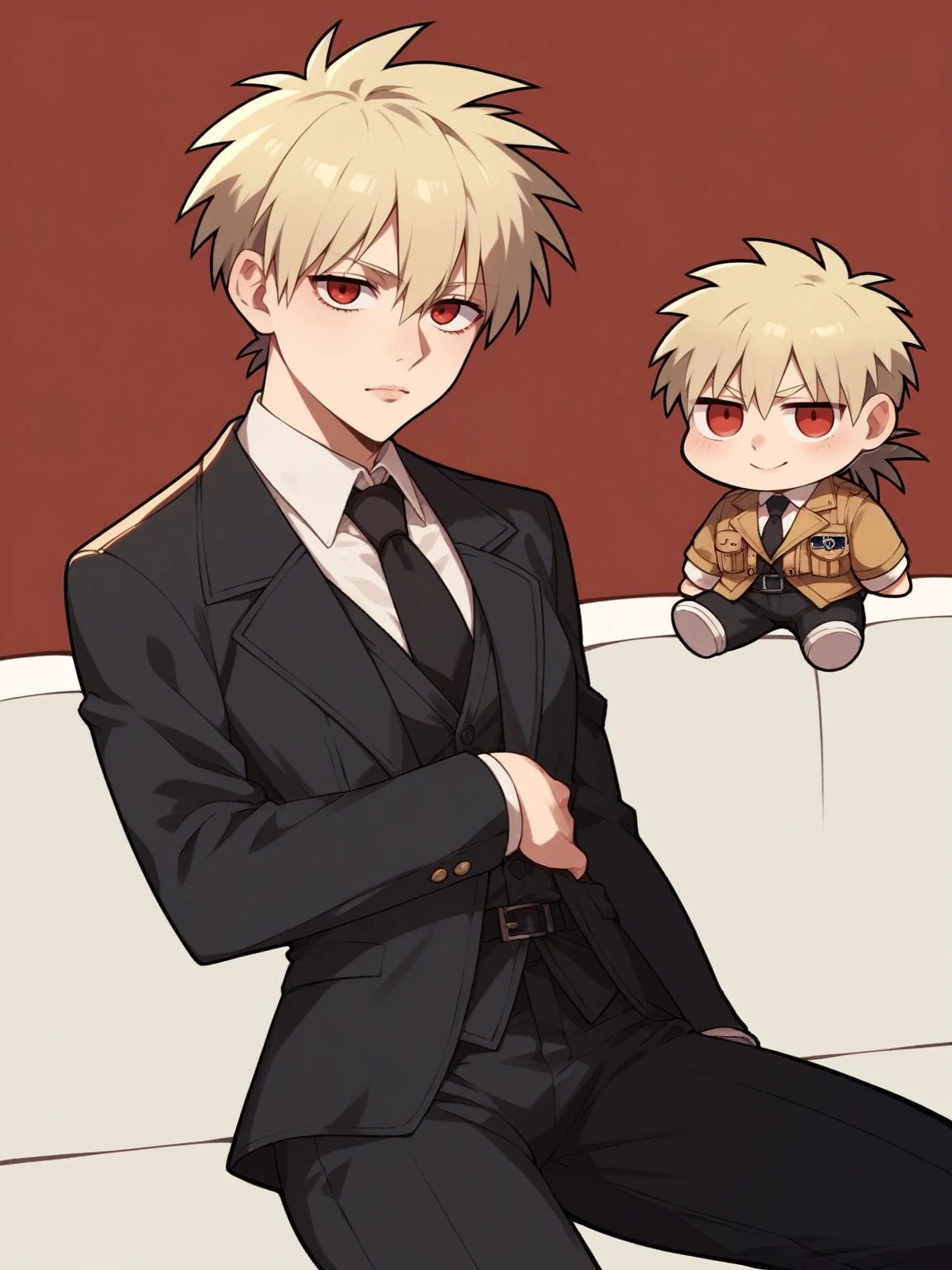 score_9, score_8_up, score_7_up, source_anime, solo, 1girl, hellsing, formal, suit, black jacket, black necktie, long sleeves, black pants, fumo \(doll\), chibi, sitting