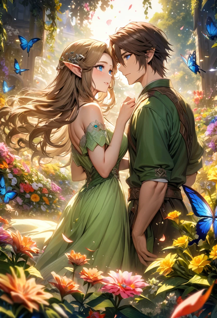 absurdres, highres, ultra detailed, HDR), masterpiece, vibrant blue eyes, Link, dark brown short hair, hair between the eyes, green tunic, The legend of zelda twilight princess, Princess Zelda, dark brown long hair, purple and white dress, a handsome man together with a beautiful woman, couple, elf, flower garden, butterflies, petals