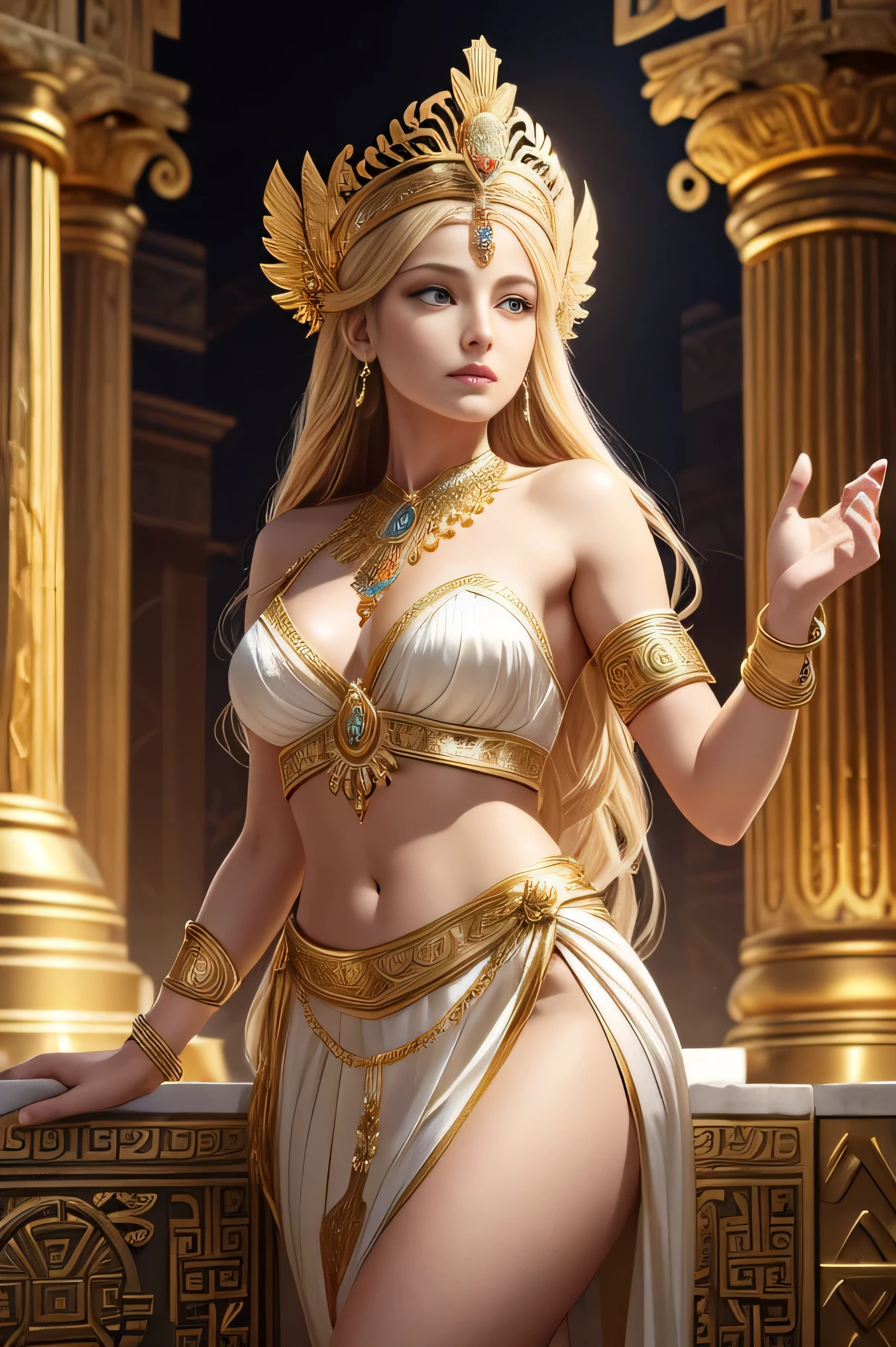 a realistic illustration of the full body shown in the frontal position of a beautiful woman dressed in a white linen drape with gold lace finish, sensuality in the fit, small white linen skirt finished with a golden fillet, Greek tunic, on her head a tiara Intricately made of gold and golden and delicate laurel leaves, the detail on the head is inspired by the carnival costumes of the samba schools in Rio de Janeiro, golden shoulder pads from which emerges a bow with white and gold plumes and feathers that will surround the entire neck, ancient Greece, as the priestess of the God Zeus, Extremely refined details, Greek Olympian Goddess, Greek Goddess Athena, divine goddess, cinematography, digital art, fantasy, beauty, art Deco, ancient goddess, Golden Goddess Athena, The Greek Goddess Aphrodite, cinematographic, fashion, royalty, digital art, fantasy, illustration, fashion, beauty, refinement, 1. Will Costa
2. Hiago
3. Leandro Britto
4. Pedro Lopes
5. Victor Chevalier
6. David Pereira Dias – ultra realistic