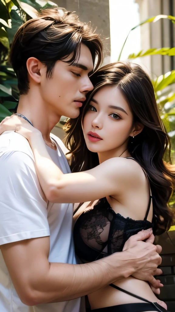 couple,1 girl,1 boy,different hair colors,long golden hair,Lace lingerie,。short black hair,wavy and(green eyes),Lace T-shirts and underwear,different heights,The eyes have details,Face,hand。they look at the audience。they hug。flowers(清晰的hand指:2.0)(clear facial features:2.0)