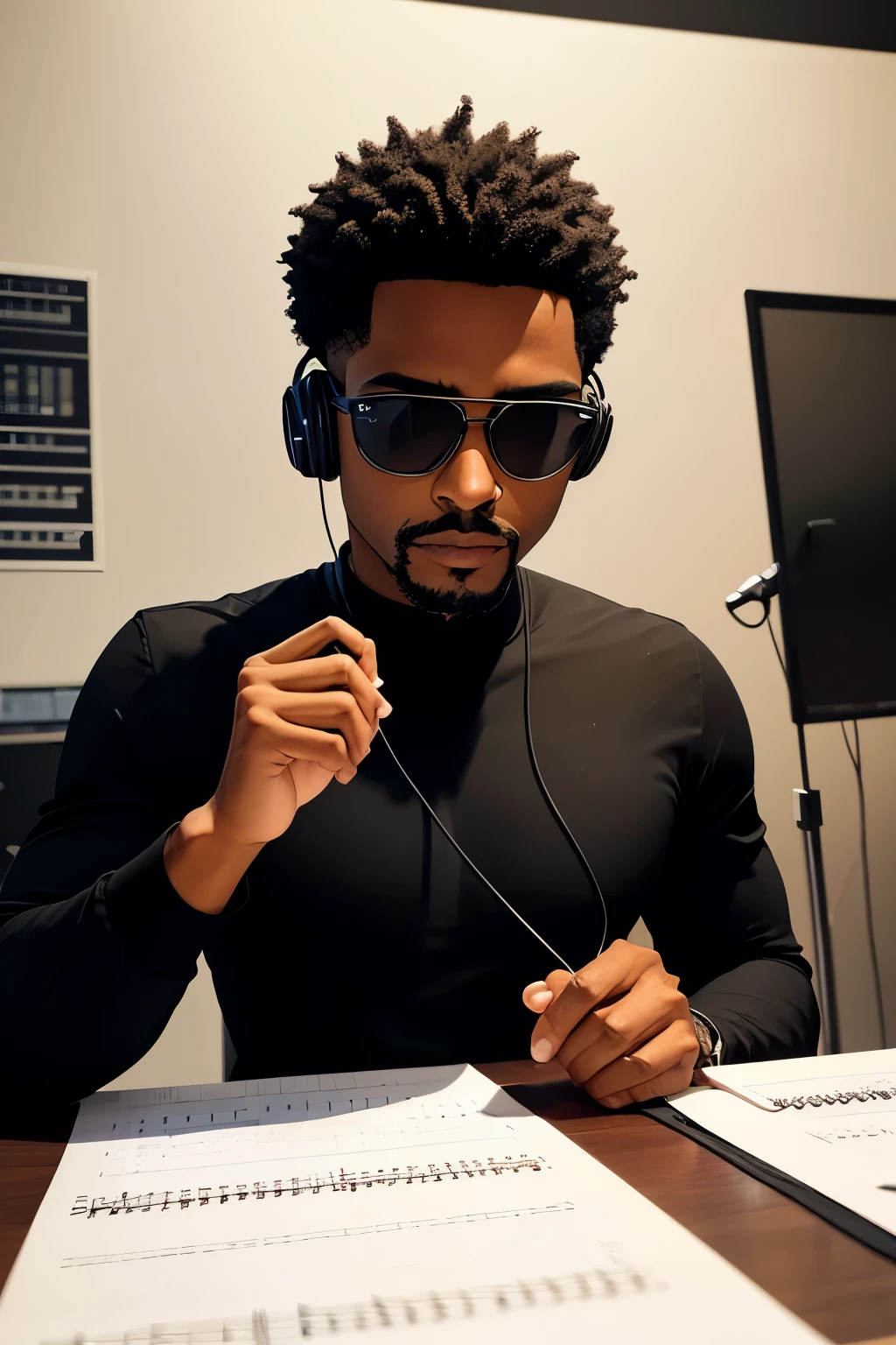 Homem, terno preto, gravata, oculos esculos, em um estudio de musica