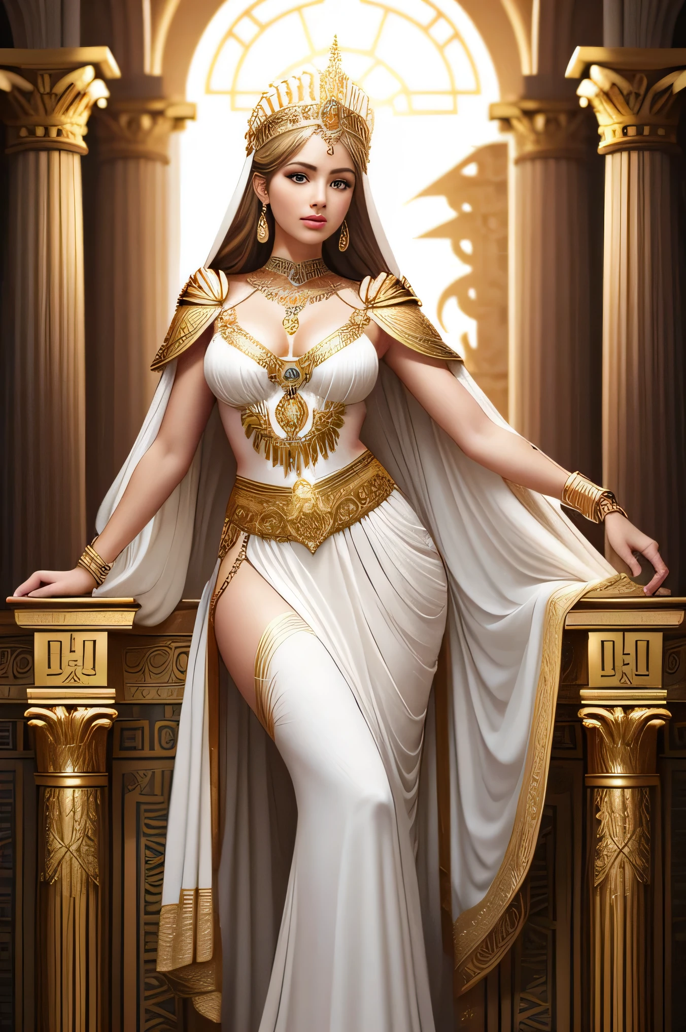 a realistic illustration of the full body shown in the frontal position of a beautiful woman dressed in a white linen drape with gold lace finish, sensuality in the fit, small white linen skirt finished with a golden fillet, Greek tunic, on her head a tiara Intricately made of gold and golden and delicate laurel leaves, the detail on the head is inspired by the carnival costumes of the samba schools in Rio de Janeiro, golden shoulder pads from which emerges a bow with white and gold plumes and feathers that will surround the entire neck, ancient Greece, as the priestess of the God Zeus, Extremely refined details, Greek Olympian Goddess, Greek Goddess Athena, divine goddess, cinematography, digital art, fantasy, beauty, art Deco, ancient goddess, Golden Goddess Athena, The Greek Goddess Aphrodite, cinematographic, fashion, royalty, digital art, fantasy, illustration, fashion, beauty, refinement, 1. Will Costa
2. Hiago
3. Leandro Britto
4. Pedro Lopes
5. Victor Chevalier
6. David Pereira Dias – ultra realistic