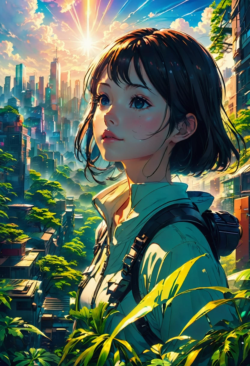 8K、Raw photo、highest quality、look up:1.2、masterpiece:1.2、genuineistic、ultra high resolution、high contrast、photon mapping、genuine、Super detailed、official art, Raw photo、professional lighting、 light、Vivid atmosphere、twicelight) This anime scene、While having the atmosphere of a work directed by Makoto Shinkai,、Expresses a post-apocalyptic worldview。A girl with a backpack looking at the city skyline from the forest、It is reminiscent of emotional scenes like Makoto Shinkai&#39;s works.。 High-rise buildings in the city are covered with trees from the walls and windows々pops out、The building is covered like a lush jungle.、It depicts a futuristic landscape where nature and the city are fused.。A city bathed in bright sunlight、It suggests a bright and hopeful future.。 A girl trying to enter a building in the city、It symbolizes young people trying to break out into society.。and、The pure white cat that is nestled next to me、As a familiar presence、Watching the girl&#39;s journey。 This scene is、Following the style of director Makoto Shinkai、I am drawing a post-apocalyptic animation with a unique world view.。