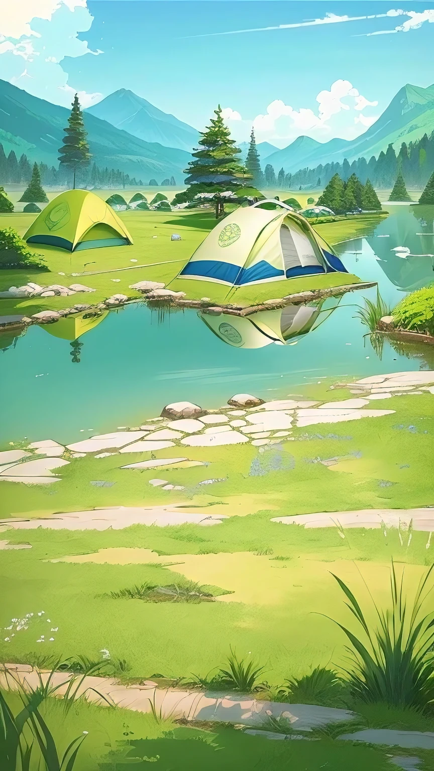 There are many tents sitting on the grass by the water, Yuruying, anime Yuruying, anime scenery concept art, anime rural scenery, anime background art, background art, anime scenery, anime scenerys, background art品, anime background, Relaxation concept art, beautiful anime scenery, environmental design illustration, landscape artwork, Anime landscape wallpaper, mobile game background，No tents