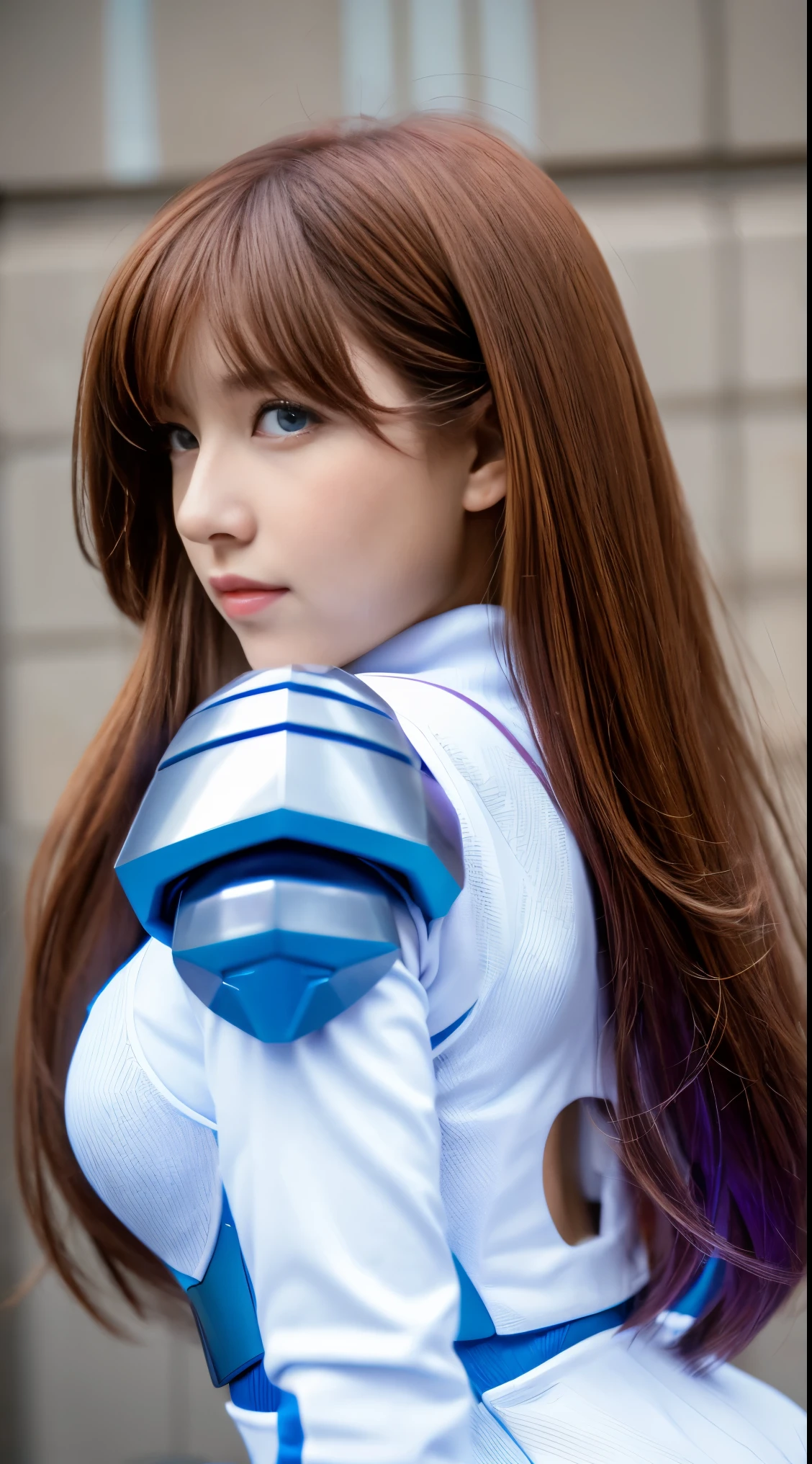 RAW, Masterpiece, Ultra Fine Photo,, Best Quality, Ultra High Resolution, Photorealistic, Sunlight, Full Body Portrait, Stunningly Beautiful,, Dynamic Poses, Delicate Face, Vibrant Eyes, (Side View) a close up of a woman in a pink and white gundam custume, dybamic pose, long brown very very long hair rapunzel, girl in mecha cyber armor, portrait armored astronaut girl, d. va from overwatch, female mecha, on a gundam, gundam head, chiho aoshima color scheme, mobile suit, streamlined purple armor, fully robotic!! girl, realistic cosplay, gundam armor (dynamic pose) (best cameraview), full body