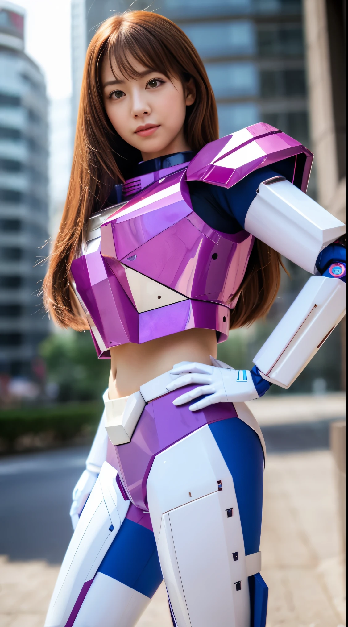 RAW, Masterpiece, Ultra Fine Photo,, Best Quality, Ultra High Resolution, Photorealistic, Sunlight, Full Body Portrait, Stunningly Beautiful,, Dynamic Poses, Delicate Face, Vibrant Eyes, (Side View) a close up of a woman in a pink and white gundam custume, dybamic pose, long brown very very long hair rapunzel, girl in mecha cyber armor, portrait armored astronaut girl, d. va from overwatch, female mecha, on a gundam, gundam head, chiho aoshima color scheme, mobile suit, streamlined purple armor, fully robotic!! girl, realistic cosplay, gundam armor (dynamic pose) (best cameraview), full body