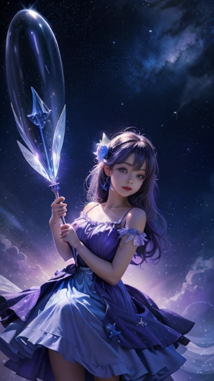 Cute fairy fairy floating in airy purple blue rose dress holding magic wand in front of starry sky, Very fine detail 3D effects PIXAR movie style