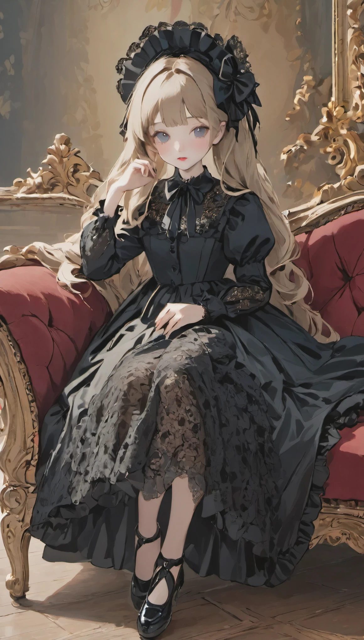 (highest quality,High resolution,masterpiece:1.2), Super detailed,(realistic:1.37),(baroque), (Gothic ****ta), (cute), 1 girl, (alone), (whole body), (black sofa), (black dress), (absurd), (white lace), (red lips)