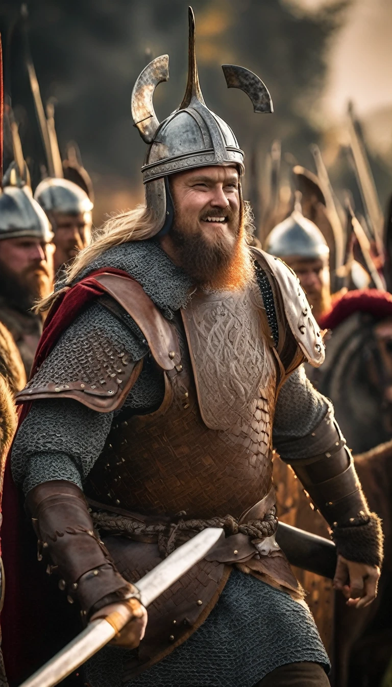 Arafed man in armor standing in front of a line of soldiers, VIQUINGUES, Cultura Viking, guerreiro Viking, Guerreiro Viking antigo, an epic viking battle scene, viking and templar aesthetics, estilo Viking, norse warrior, armadura Viking, epic viking king, traje Viking, wearing norse armor, armadura Viking detalhada, Viking, Rei Viking, usando roupas VIQUINGUES, [ cinemactic, naked, crowd cheering for them , detailed face, detailed face expressions, natural face expressions, face in detail, asymmetrical faced,(tall and slender body), fair and smooth skin, detailed hands, detailed fingers, masterpiece, cinematic lighting, physically based rendering, lens flare, award winning rendering, perfect rendering detail, 8K, realism, detailed background, everything in detail, cinematic shot, dynamic lighting, 75mm, Technicolor, Panavision, cinemascope, fine details, 8k, HDR, realism, realistic, key visual, film still, superb cinematic color grading, depth of field, ,midjourney,cat