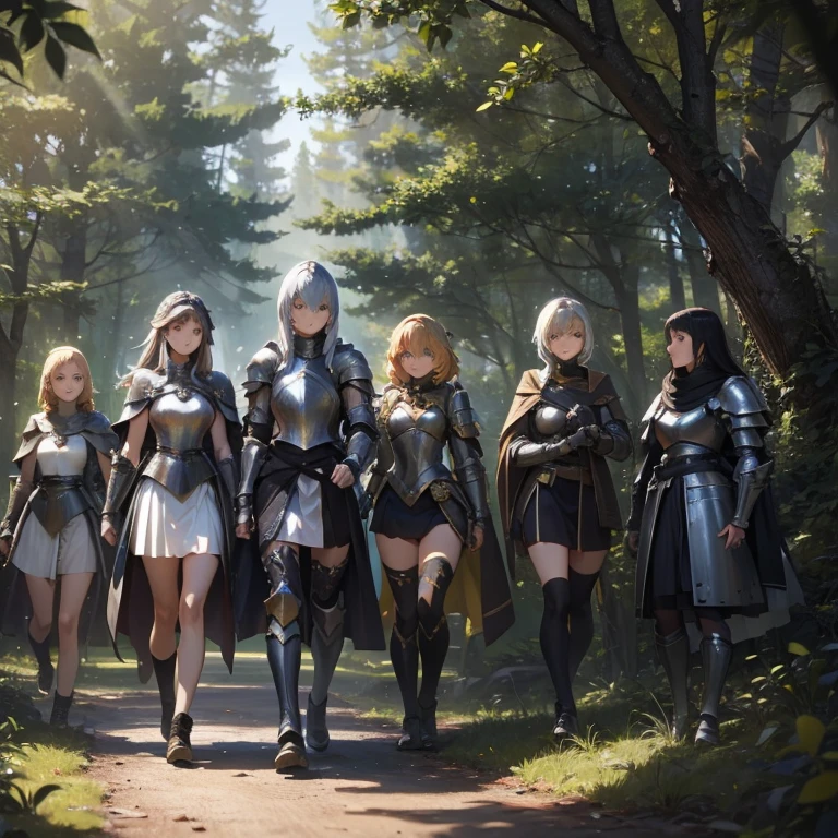 A group of female knights, (in forest), various hair styles, metal armor, harem, short skirt