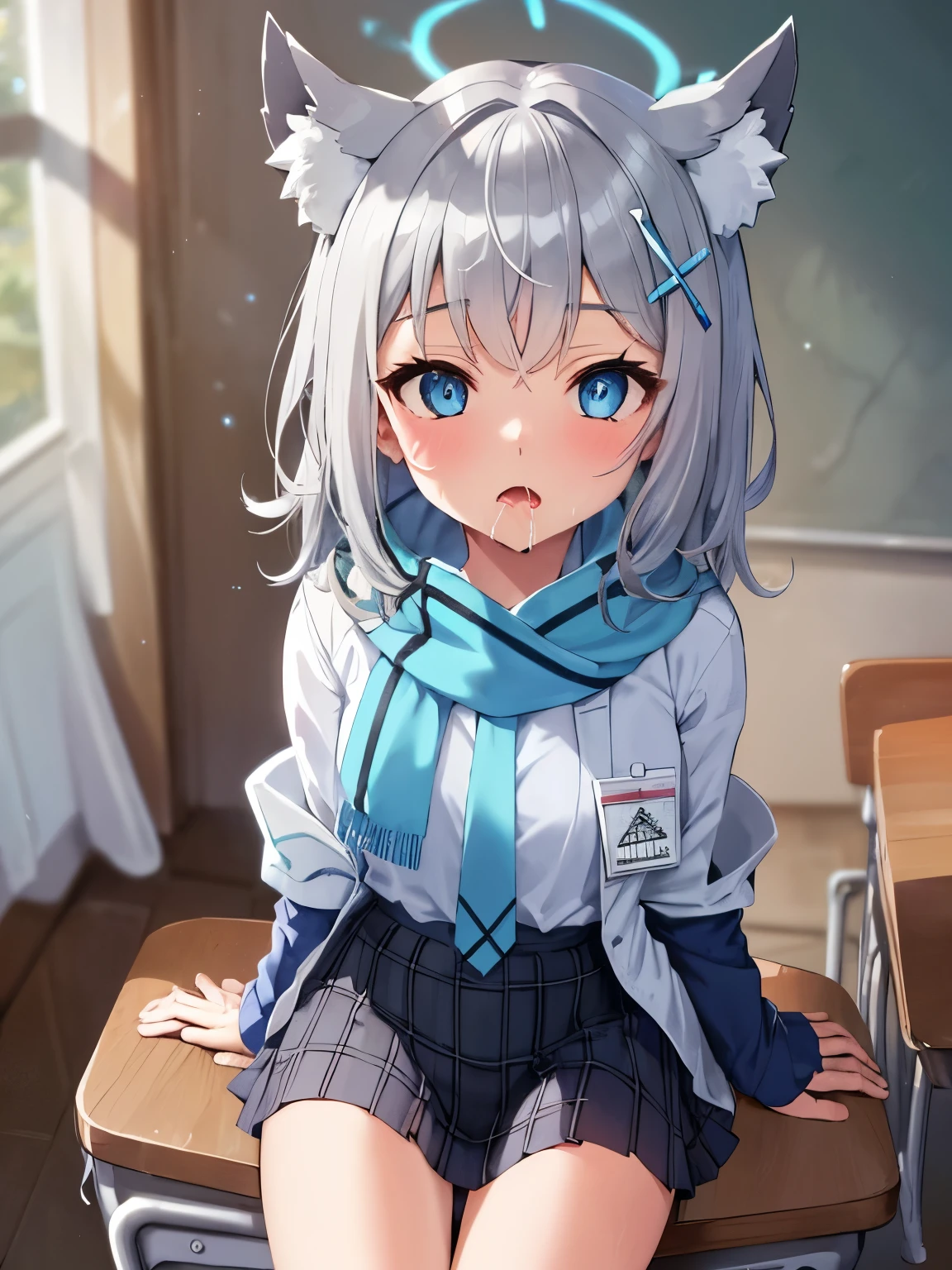 masterpiece, highest quality, Super detailed, indoors, animal ears,School ,Hello,gray hair,medium hair,blue eyes,blue scarf,white shirt,(blue jacket:1.1) , No expression,,open your mouth,dripping saliva,Kiss on the corner of the desk and in the vagina,